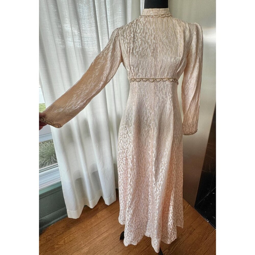 Vintage 1960s dress, rose gold brocade, pearls details, princess cut A-Line gown